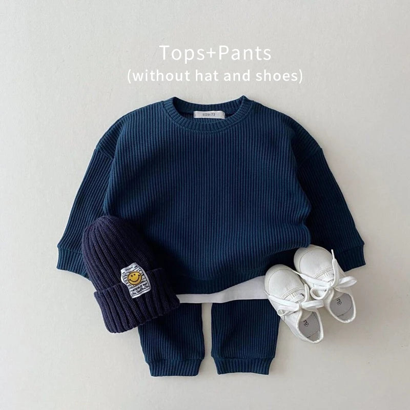 2-Delige Set Baby's En Kinderen Met Wafel Structuur Kleur Blauw Top En Broek