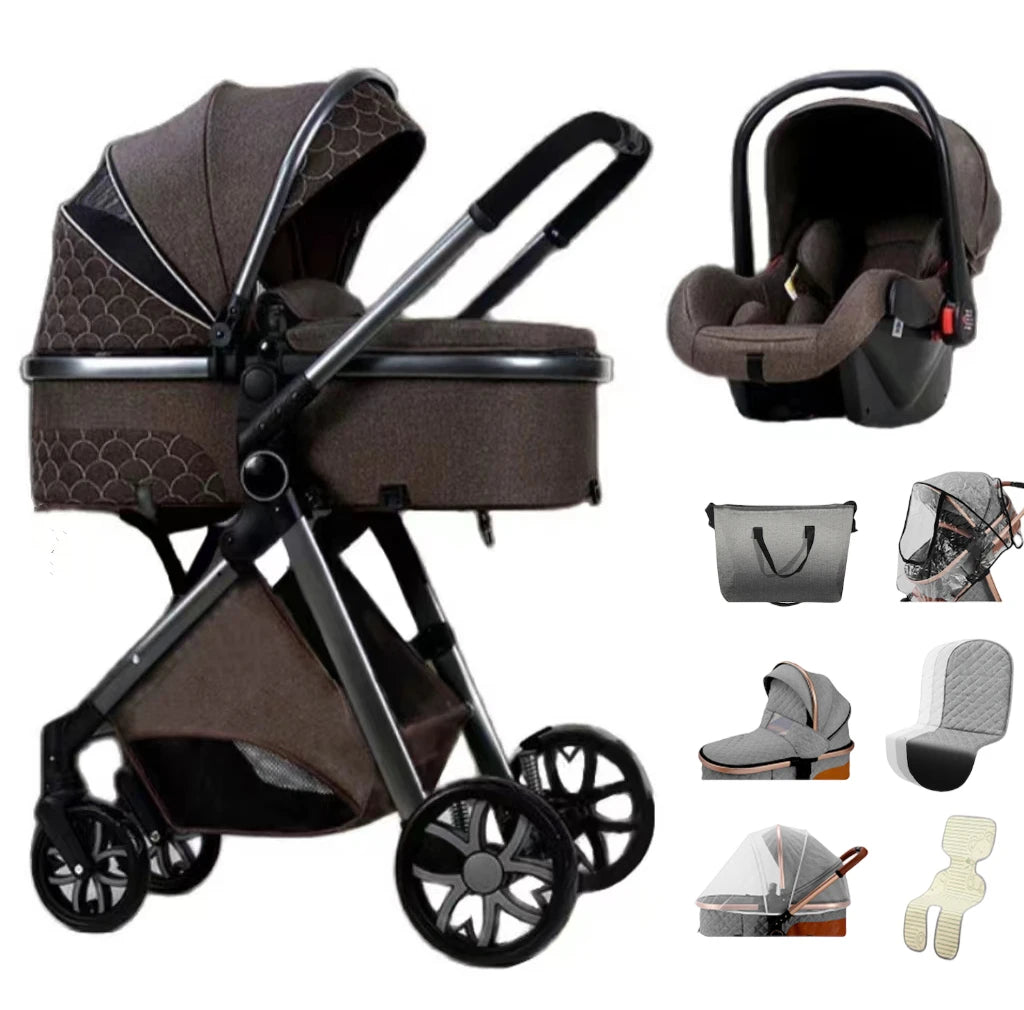 Luxe 3 in 1 Kinderwagen Met Autostoel En Wieg, Luiertas, Klamboe, Regenhoes Chocolade Bruin