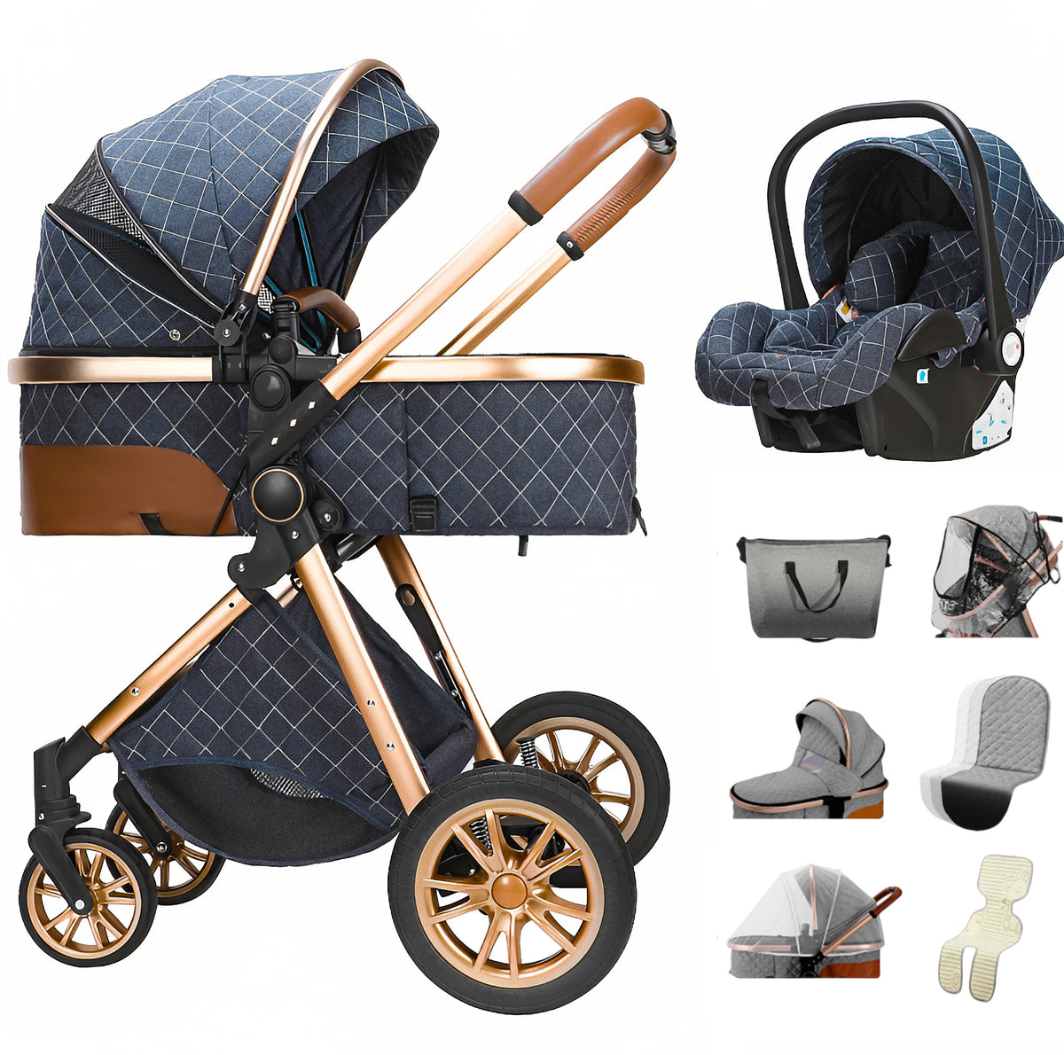 Luxe 3 in 1 Kinderwagen Met Autostoel En Wieg, Luiertas, Klamboe, Regenhoes Blauw