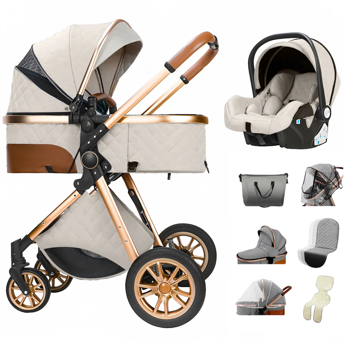 Luxe 3 in 1 Kinderwagen Met Autostoel En Wieg, Luiertas, Klamboe, Regenhoes Wit