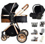 Luxe 3 in 1 Kinderwagen Met Autostoel En Wieg, Luiertas, Klamboe, Regenhoes Zwart Goud