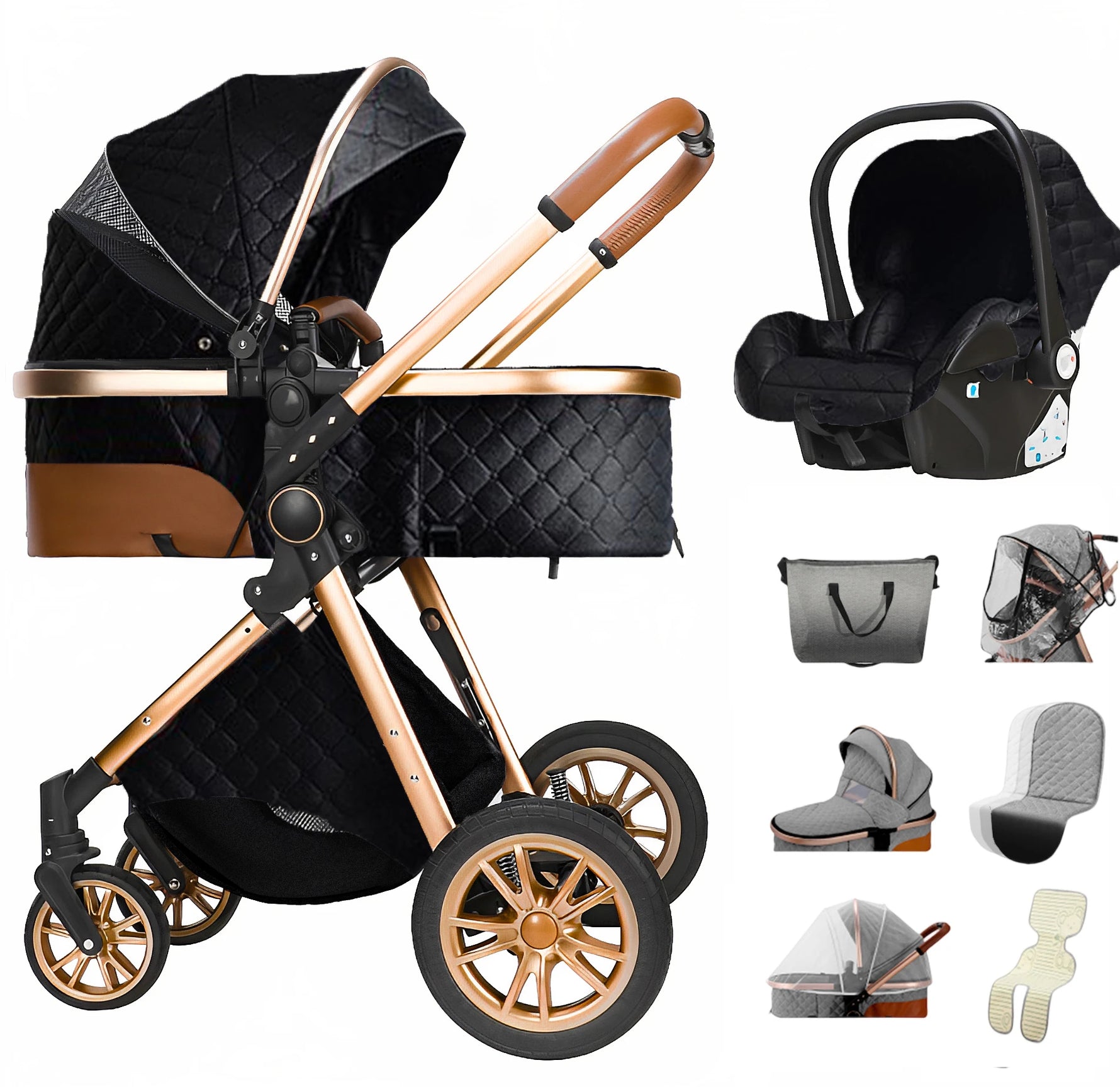 Luxe 3 in 1 Kinderwagen Met Autostoel En Wieg, Luiertas, Klamboe, Regenhoes Zwart Goud