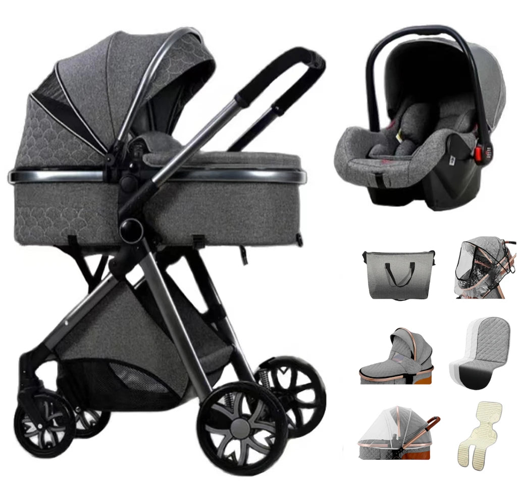 Luxe 3 in 1 Kinderwagen Met Autostoel En Wieg, Luiertas, Klamboe, Regenhoes Diep Grijs