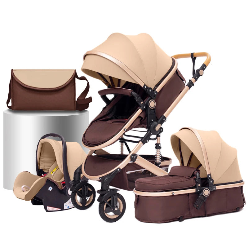 Kinderwagen 3 in 1 Met Wieg en Autostoel Set Met Wieg, Autostoel En Luiertas Kleur Khaki