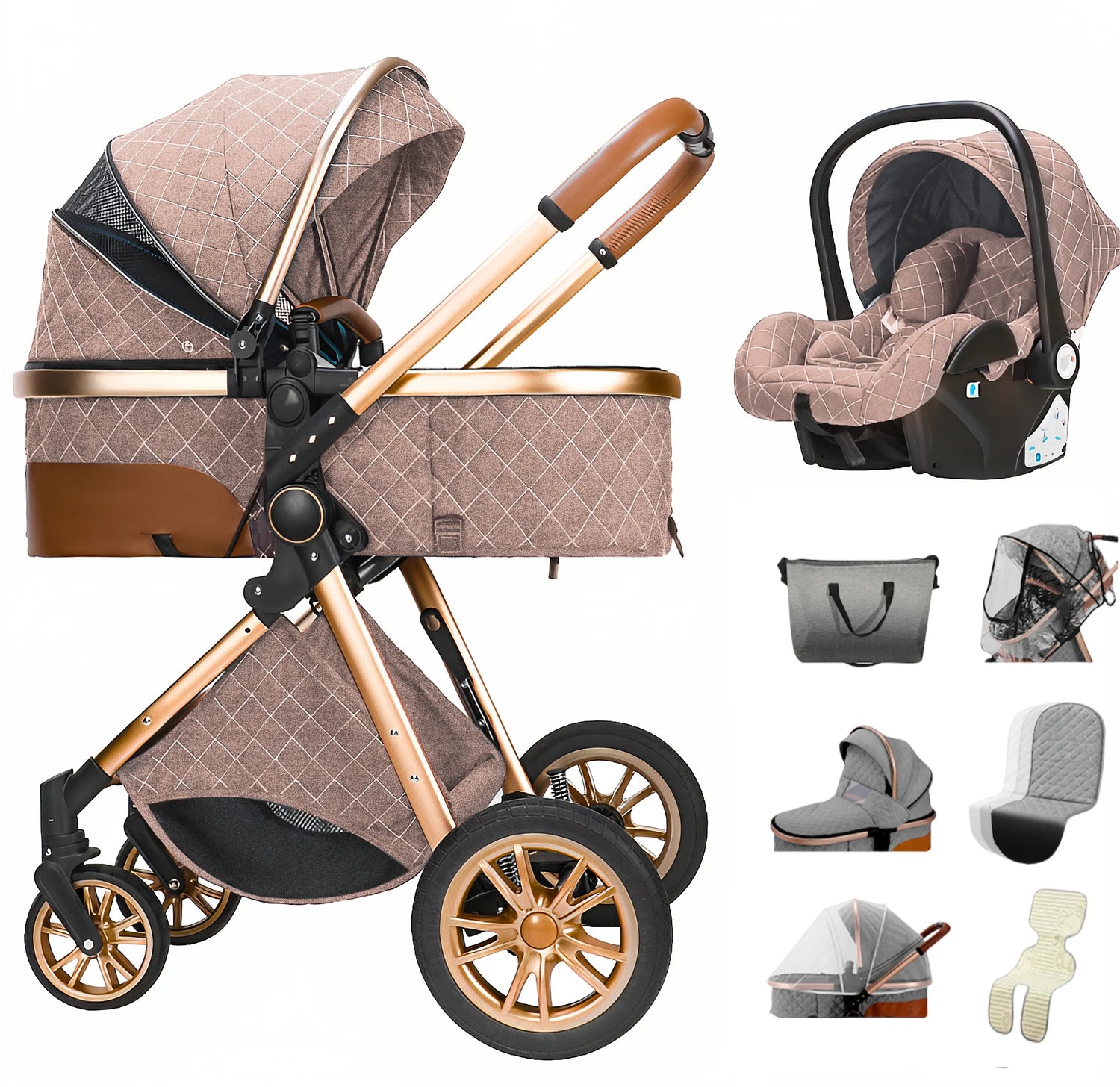 Luxe 3 in 1 Kinderwagen Met Autostoel En Wieg, Luiertas, Klamboe, Regenhoes Khaki