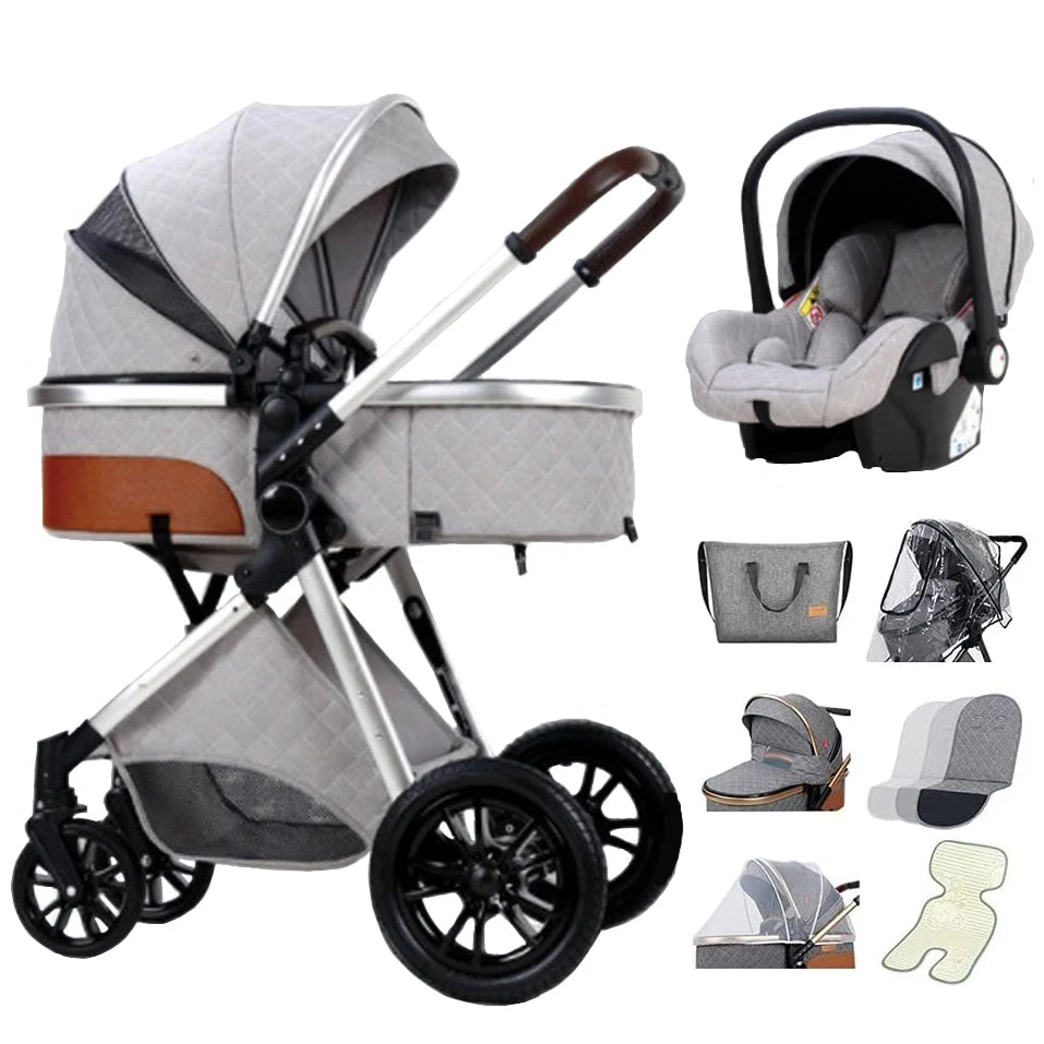 Luxe 3 in 1 Kinderwagen Met Autostoel En Wieg, Luiertas, Klamboe, Regenhoes Licht Grijs