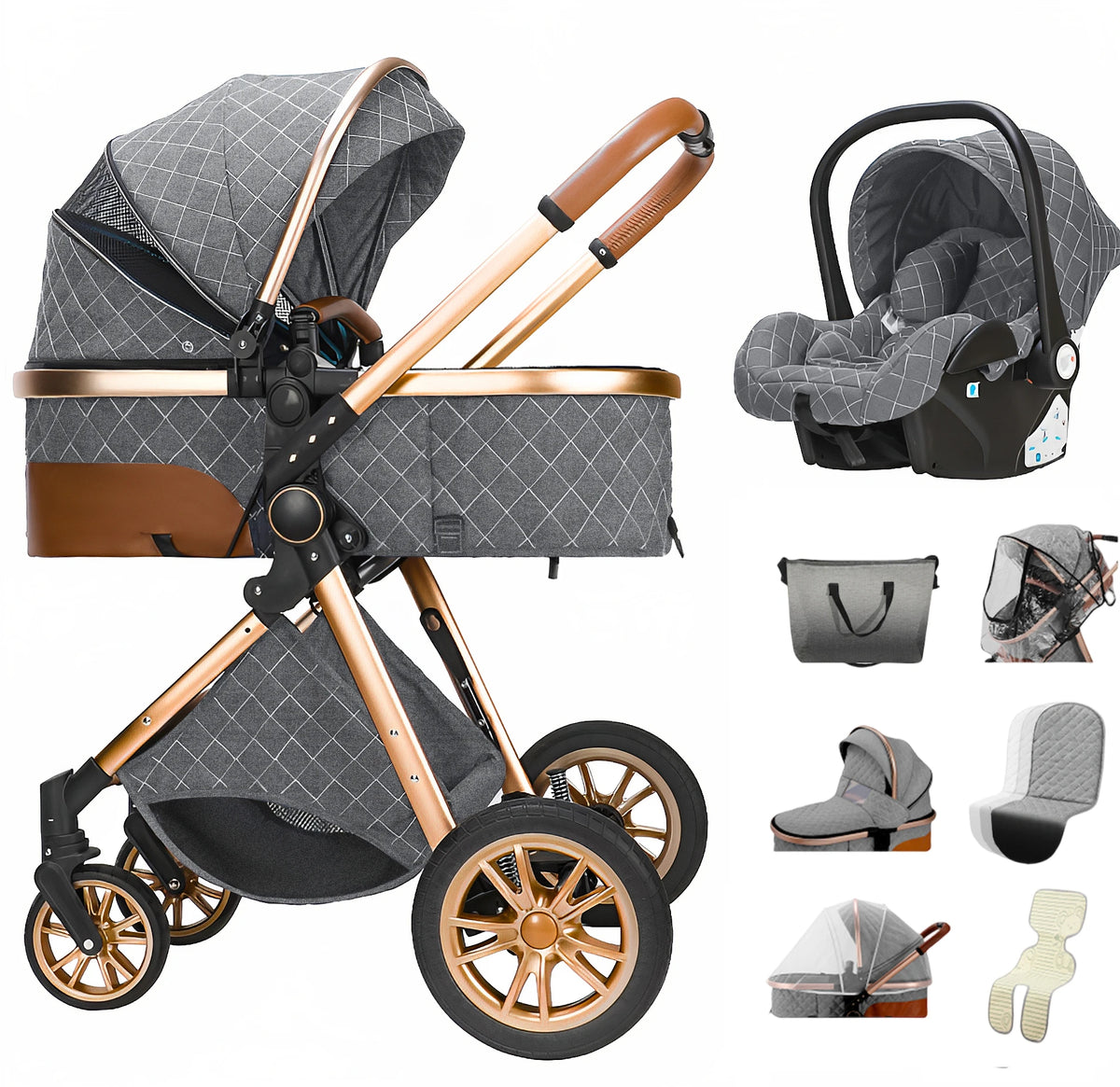 Luxe 3 in 1 Kinderwagen Met Autostoel En Wieg, Luiertas, Klamboe, Regenhoes Grijs