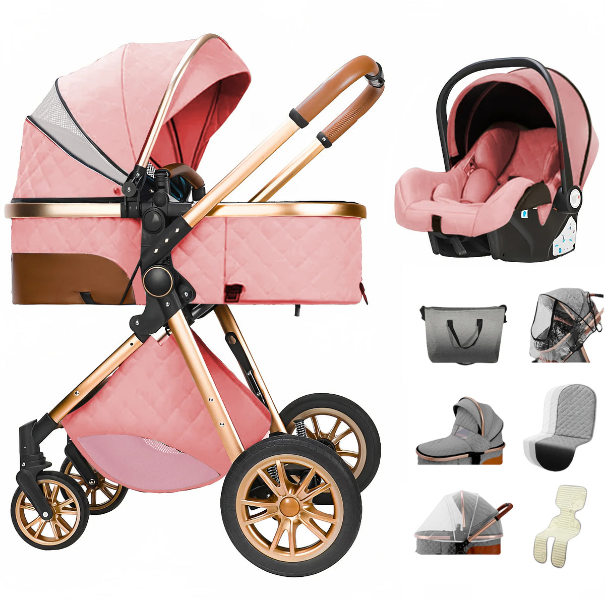 Luxe 3 in 1 Kinderwagen Met Autostoel En Wieg, Luiertas, Klamboe, Regenhoes Roze