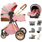 Luxe 3 in 1 Kinderwagen Met Autostoel En Wieg, Luiertas, Klamboe, Regenhoes Roze