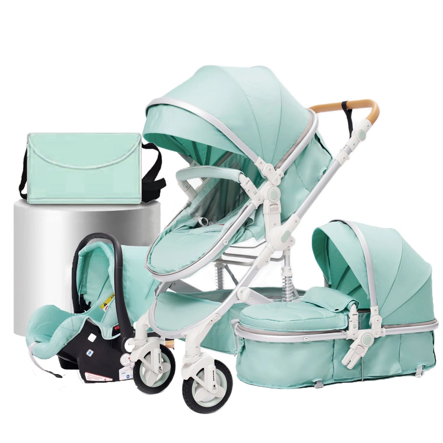 Kinderwagen 3 in 1 Met Wieg en Autostoel Set Met Wieg, Autostoel En Luiertas Kleur Licht Groen