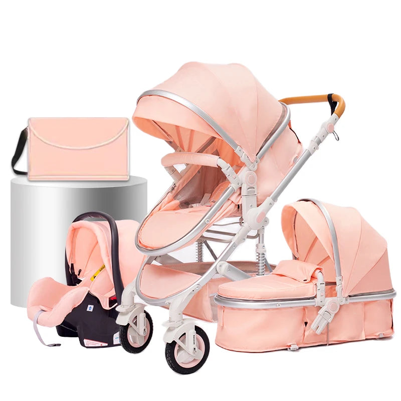 Kinderwagen 3 in 1 Met Wieg en Autostoel Set Met Wieg, Autostoel En Luiertas Kleur Roze