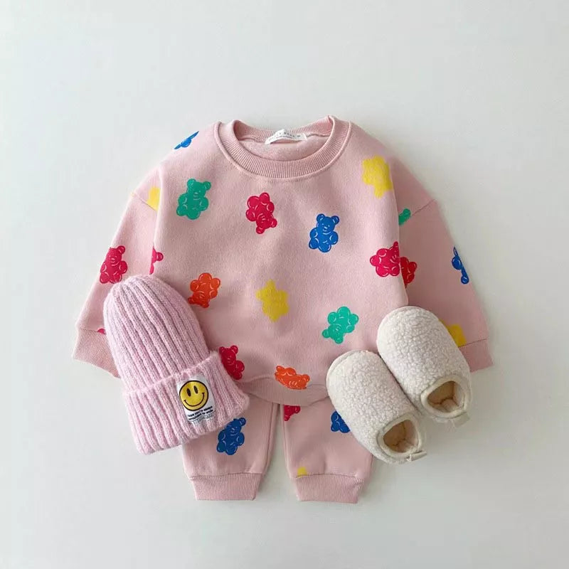 Schattige 2-Delige Meisjes Kledingset Met Beertjes Roze Multicolor Beertjes Top en Broek